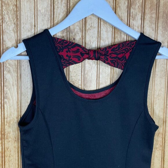 Maurices Black Red Rhinestone Bow Top Sleeveless Blouse Scroll Floral Small 4 6 - Picture 7 of 9